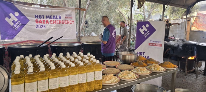 On 19 August 2025, Human Appeal distributed 16,000 hot meals across North Gaza, Khan Younis, and Deir al-Balah, reaching displacement camps.